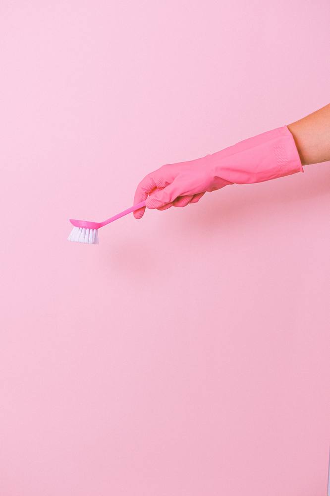 Pink-gloved hand holding a small scrub brush